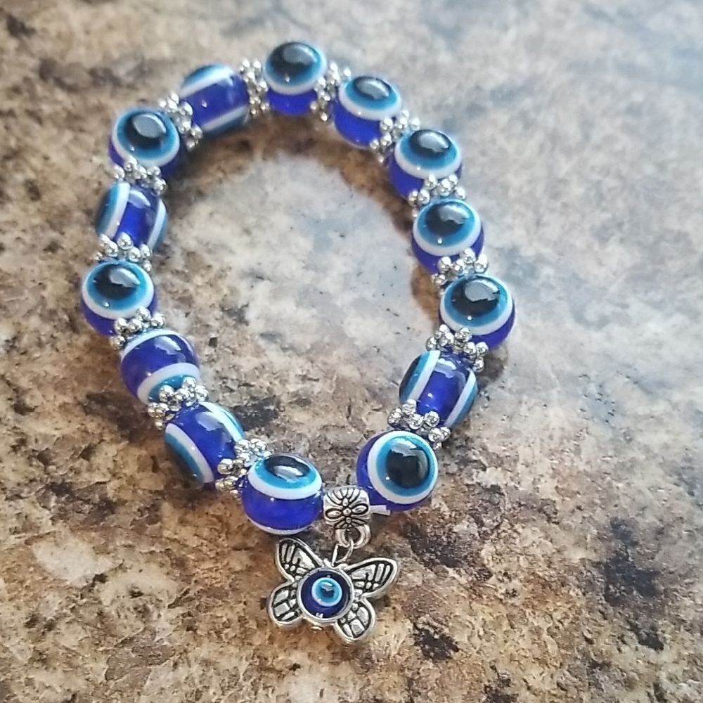 Blue Evil Eye Beaded Bracelet with Butterfly Charm